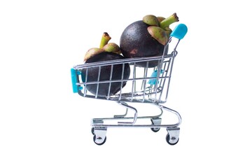 Fresh mangosteen fruit on shopping cart isolated on white background.