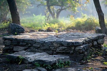Obraz premium Old village structure beside stone bench high resolution picture