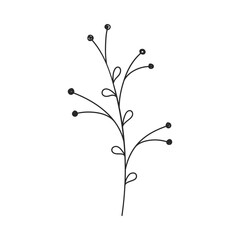 Decorative berry twig. Hand drawn illustration of curved stem and berry-like dots. Simple botanical element in linear doodle style. Vector 10 EPS.