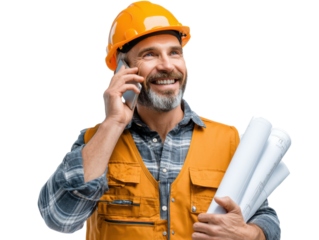Smiling Engineer on Phone: A skilled engineer, complete with a hard hat and safety vest, engages in a cheerful phone call, blueprints in hand, showcasing technical proficiency and communication.