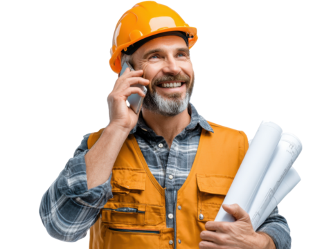 Smiling Engineer on Phone: A skilled engineer, complete with a hard hat and safety vest, engages in a cheerful phone call, blueprints in hand, showcasing technical proficiency and communication.