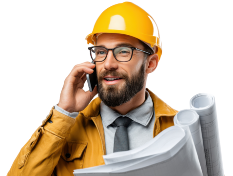 Engineer on Phone Call: A smiling engineer, wearing a yellow hardhat and glasses, confidently talks on his phone while holding blueprints. He exudes professionalism and expertise.