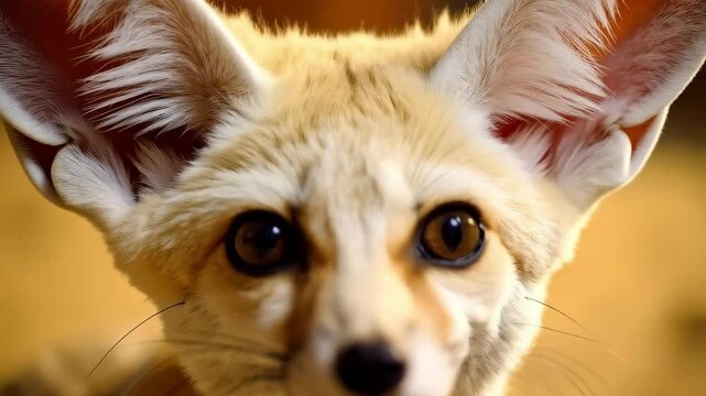 Close-up portrait of a charming fennec fox with huge ears and captivating brown eyes, set against a warm and blurred golden background.