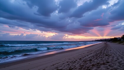 create a captivating evening seascape that captures the stunning views of the ocean at dusk and nighttime, the sunset on the beach should be breathtaking and feature soft lavender tones