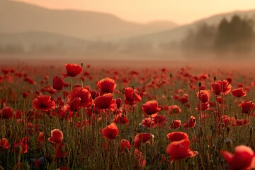 Red Poppies in a Misty Field at Sunrise