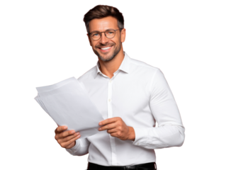 Confident Businessman Reviewing Documents: A friendly smiling man in a crisp white shirt and eyeglasses carefully reviews important documents, radiating confidence and professionalism.