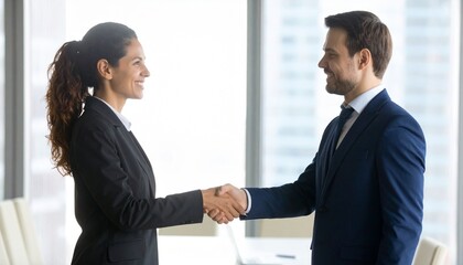 Realistic photo of a confident female executive shaking hands with a male colleague in a modern boardroom, symbolizing equality and partnership in business, diverse team in the background