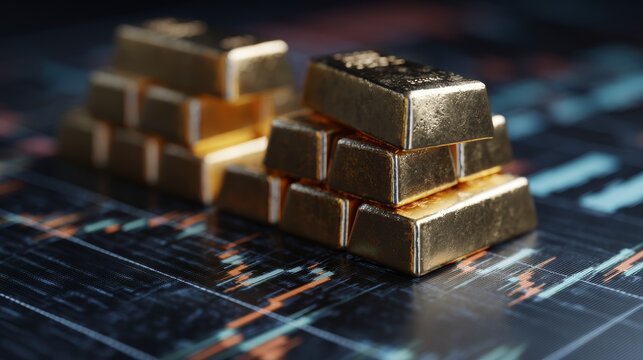 Stacked gold bars on financial chart representing wealth and investment