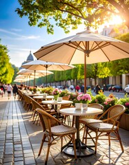 Obraz premium Parisian Cafe Scene with Wicker Chairs, Umbrellas, and Flowers in Golden Sunlight
