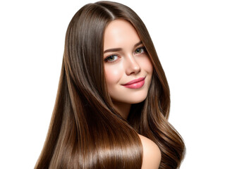 Radiant Locks: An enchanting young woman with flowing, glossy brown hair gazes gently at the viewer, embodying a sense of natural beauty, health, and effortless charm.