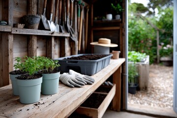 A well-organized garden shed featuring pots of young plants on a wooden shelf, tools hanging neatly, and an inviting atmosphere for gardening enthusiasts.