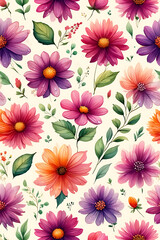 Vibrant Watercolor Floral Pattern: A Festive Mosaic of Colorful Flowers