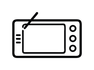 Minimalist black and white icon of a digital drawing tablet with stylus, featuring shortcut buttons and a display area. Ideal for representing digital art, graphic design, or creative tools