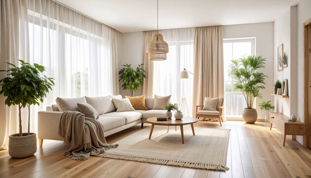 リアルで程よい広さのマンションリビングの広角写真 &ndash; Wide-Angle View of a Realistic, Moderately Sized Apartment Living Room