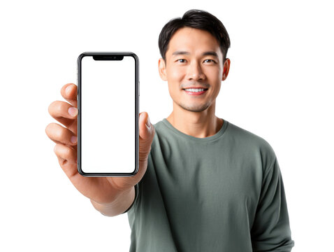 Asian Man Holding Smartphone: An Asian man presents a sleek smartphone with a blank screen, offering a perfect platform for displaying digital content or showcasing technological advancements.