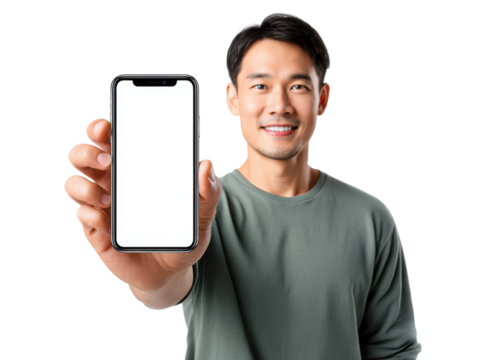 Asian Man Holding Smartphone: An Asian man presents a sleek smartphone with a blank screen, offering a perfect platform for displaying digital content or showcasing technological advancements.