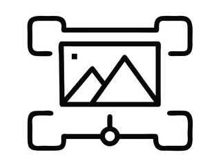 Minimalist black and white icon of a digital drawing tablet with stylus, featuring shortcut buttons and a display area. Ideal for representing digital art, graphic design, or creative tools