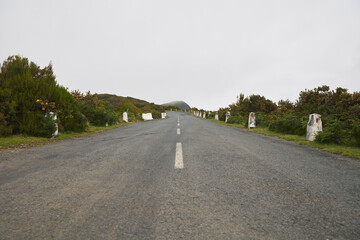 Winding asphalt road leads uphill through a misty mountain landscape with scattered vegetation...