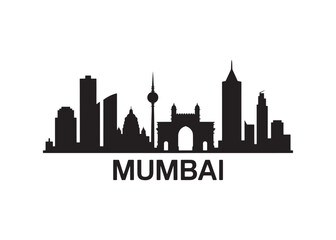 Naklejka premium Black Silhouette of Mumbai Skyline with Bold Lettering Capturing the Essence of India's Bustling Metropolis and Architectural Wonders