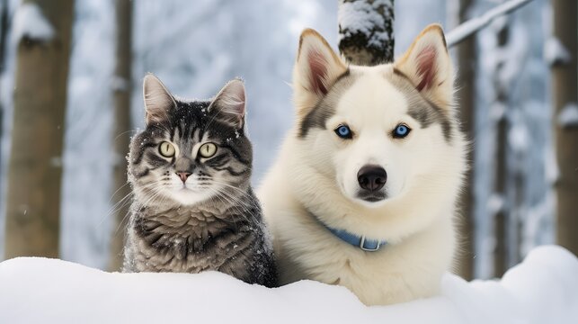 siamese dog and cat in snow