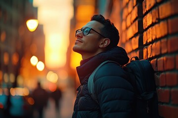 Fototapeta premium Man Looks Up Towards Sunset in Urban Alley with Warm Glow
