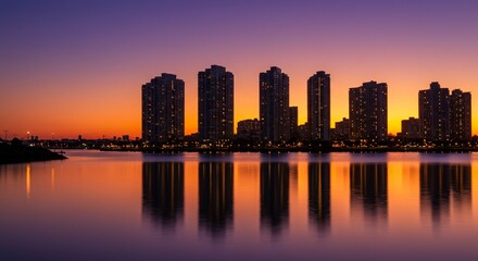 Fototapeta premium Sunset city skyline reflection