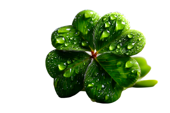 Four-leaf clover symbol of good luck, detailed close-up view with natural imperfections, shown on white surface and isolated to transparent background