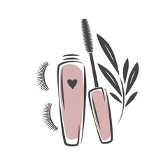 Beauty salon logo. Eyelash extension, brows and makeup. Mascara brush, eyelashes. Vector illustration 