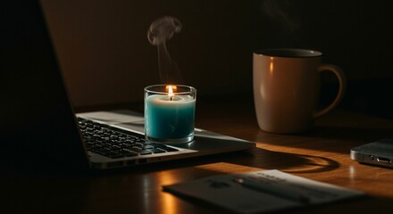 Teal candle burning on wooden desk