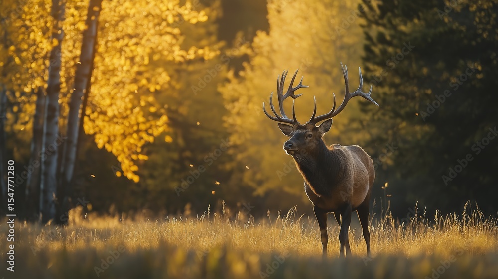 Poster a regal stag with impressive antlers is illuminated by golden light in a tranquil forest setting.
