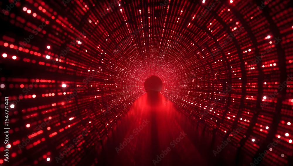 Poster a mesmerizing view of a digital tunnel illuminated by vibrant red lights, representing the fusion of