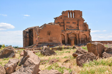 Temple in nature. Armenian church in the mountains. under the Monastery and beautiful nature. Cross on the dome of the church. Yereruyk temple