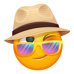 Summer emoji with sunglasses and straw hat on white background. Cheerful summer emoticon with happy smiling face shows joy. Positive vibes, good mood, vacation, travel, holiday concept