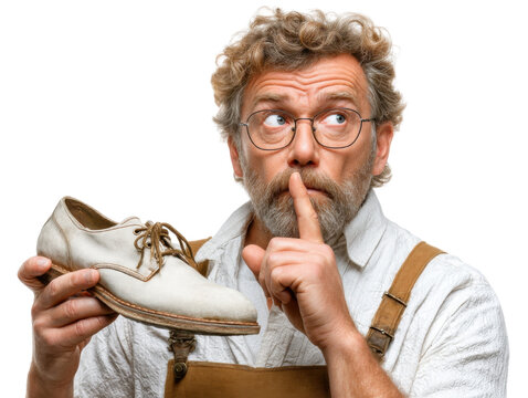 The Craft of Shoe: A close-up shot of a craftsperson, with a concentrated and focused expression, examining a leather shoe, capturing the intricacies of craftsmanship.