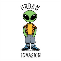 Funny Urban Alien With Human Fashion Illustration
