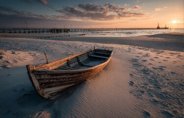 Rustic Wooden Boat on Sandy Beach at Sunset