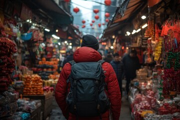 Person Walking Through a Colorful Outdoor Market on a Moody Day