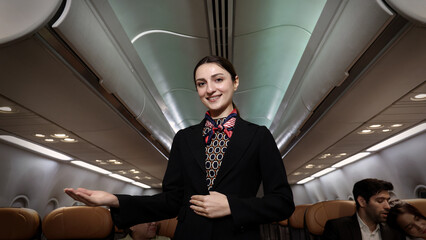 Air hostess. Smiling flight attendant in uniform welcomes and guides passengers aboard a modern...
