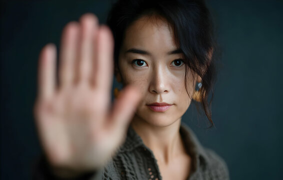 A confident woman raises her hand for a stop gesture, conveying strength and assertiveness in a moody background.