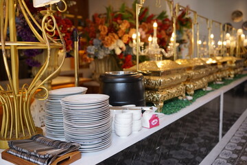 Elegant Buffet Setup Gold Accents & Exquisite Food Presentation