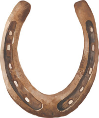 Watercolor horseshoe illustration on transparent background.
