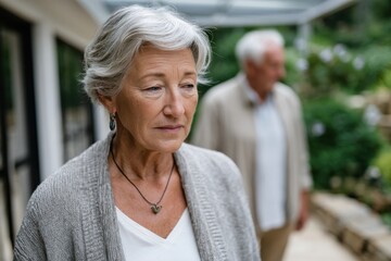 A woman stands pensively outside, her expression reflecting concern while her partner is seen in the background, hinting at emotional distance and relationship challenges.