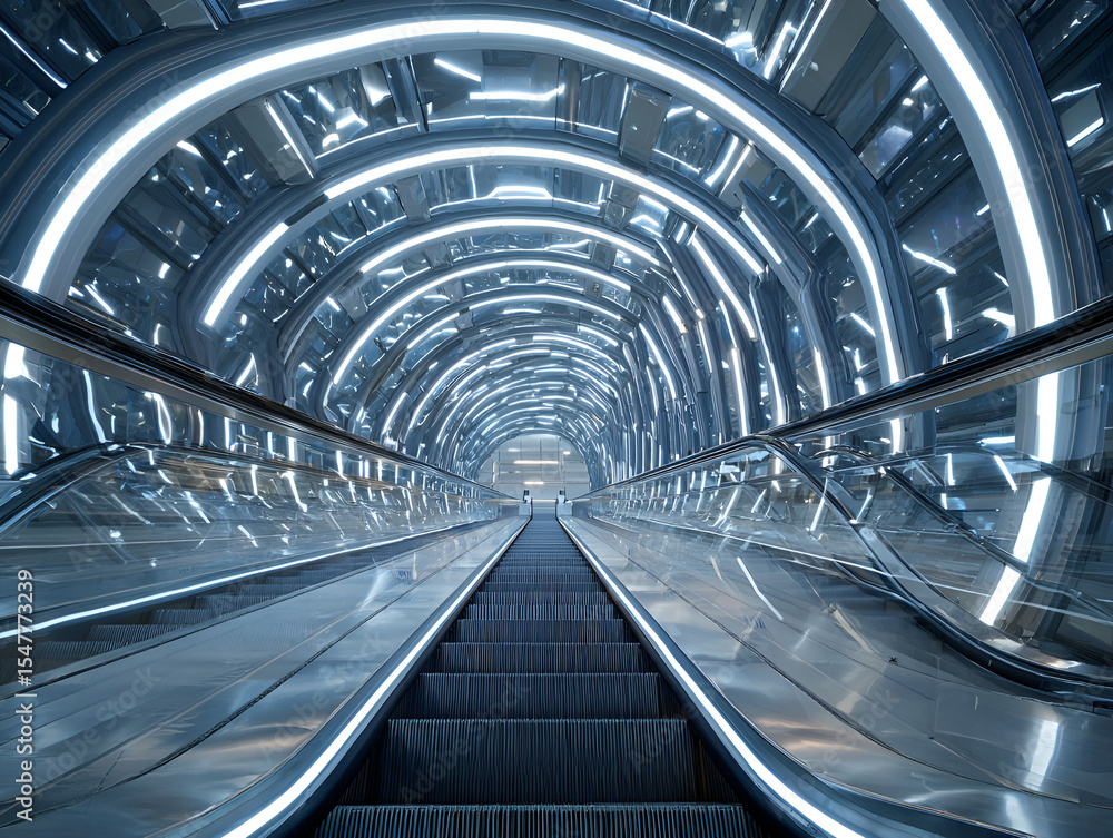 Poster modern escalator leading through illuminated futuristic tunnel with architectural design