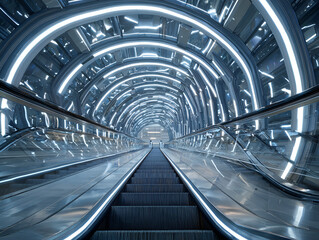 Obraz premium Modern Escalator Leading Through Illuminated Futuristic Tunnel with Architectural Design