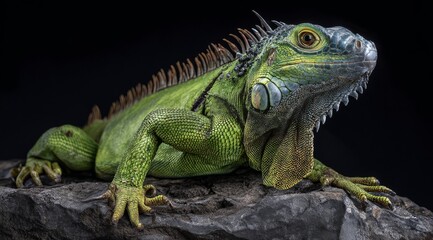 Obraz premium Green Iguana Portrait Vibrant Reptile Close-Up on Dark Background