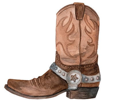 Watercolor cowboy boot with spurs on transparent background.