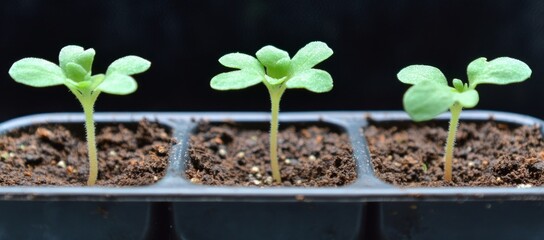 Naklejka premium Three Green Seedlings Growing in Dark Brown Soil
