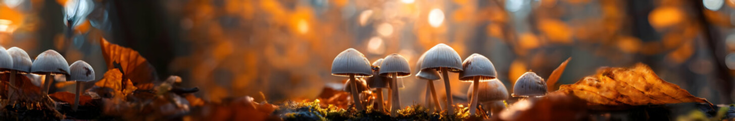 A vibrant forest scene featuring mushrooms amidst autumn leaves, showcasing nature's beauty and enchanting colors.