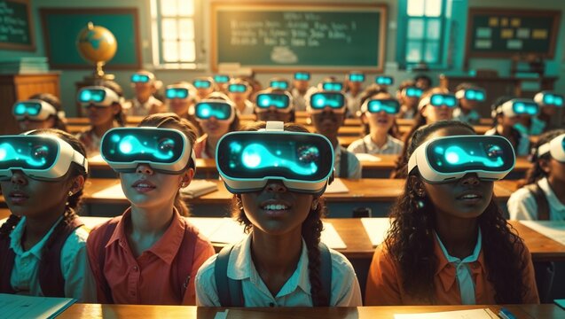 In a lively classroom filled with sunlight, students wear virtual reality headsets, fully immersed in an educational experience. They appear engaged and curious, exploring new concepts