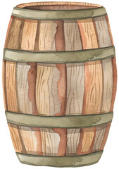 Watercolor illustration of a wooden barrel on transparent background.